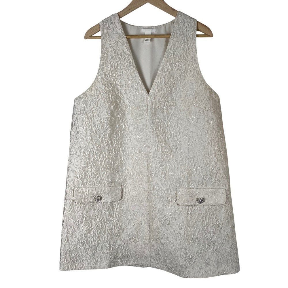 HM Cream Jacquard V-Neck Shift Mini Dress‎ Rhinestone Retro Womens Large Bridal